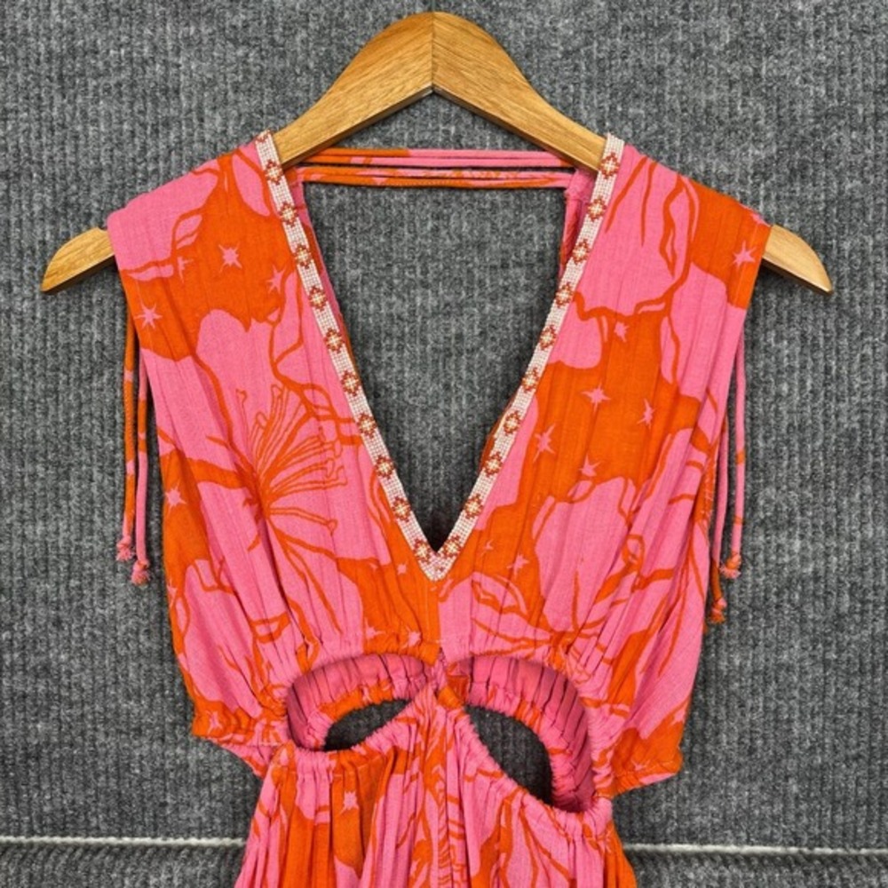 Z&L Dress Womens S Pink‎ Cotton Hawaiian Floral Cut Out Beaded Plunge Neck NWT - Picture 4 of 16